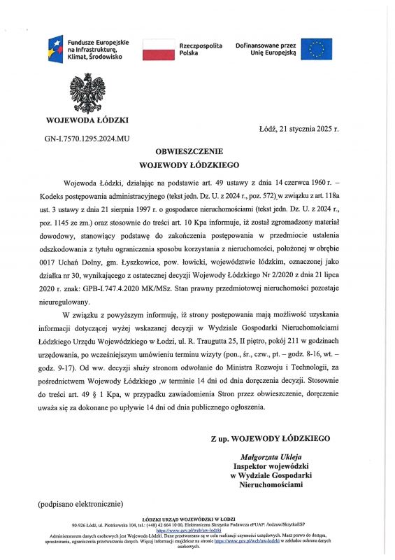 OBWIESZCZENIE WOJEWODY ŁÓDZKIEGO Z DNIA 21 STYCZNIA 2025R.