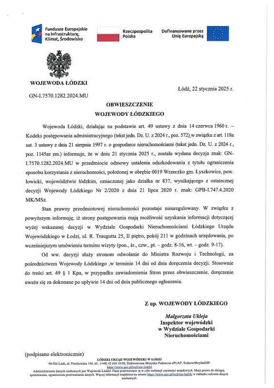 OBWIESZCZENIE WOJEWODY ŁÓDZKIEGO Z DNIA 22 STYCZNIA 2025R.