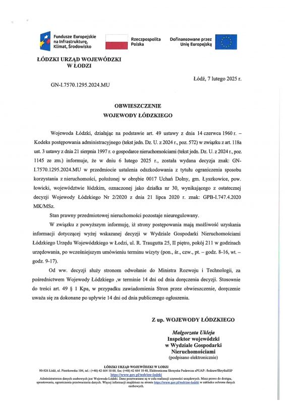 OBWIESZCZENIE WOJEWODY ŁÓDZKIEGO Z DNIA 7 LUTEGO 2025R.