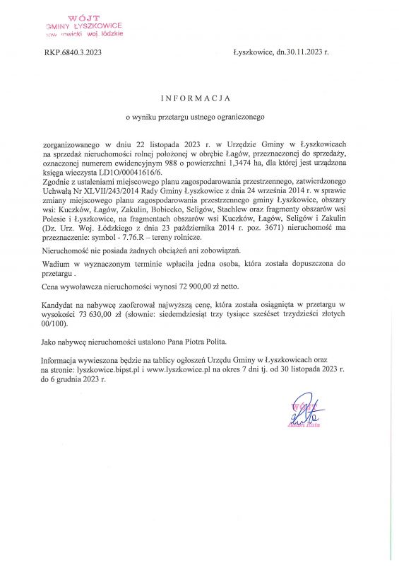Informacja o wyniku przetargu ustnego ograniczonego