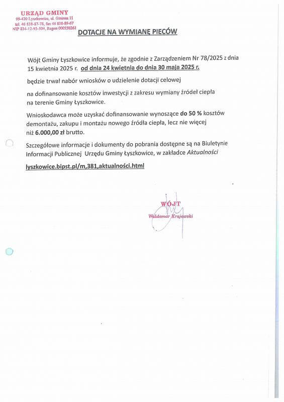 Informacja o dotacjach na wymianę pieców