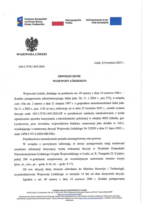 Obwieszczenie Wojewody Łódzkiego
