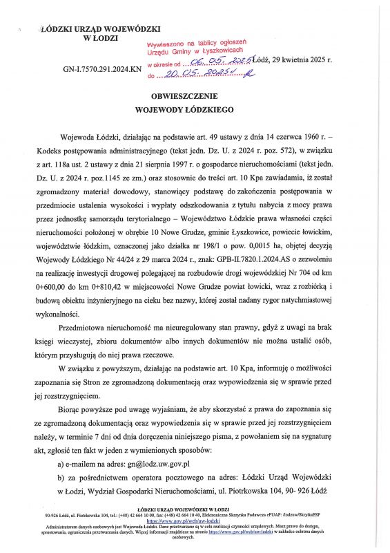 Obwieszczenie Wojewody Łódzkiego