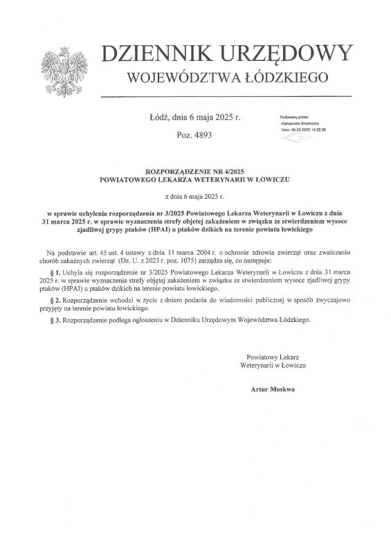 Rozporządzenie nr 4/2025 Powiatowego Lekarza Weterynarii w Łowiczu z dnia 6 maja 2025 r.