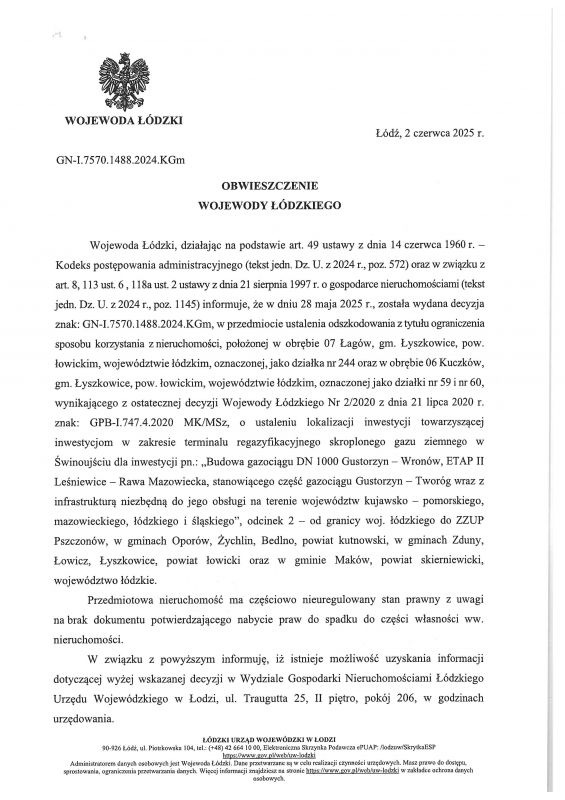 Obwieszczenie Wojewody Łódzkiego