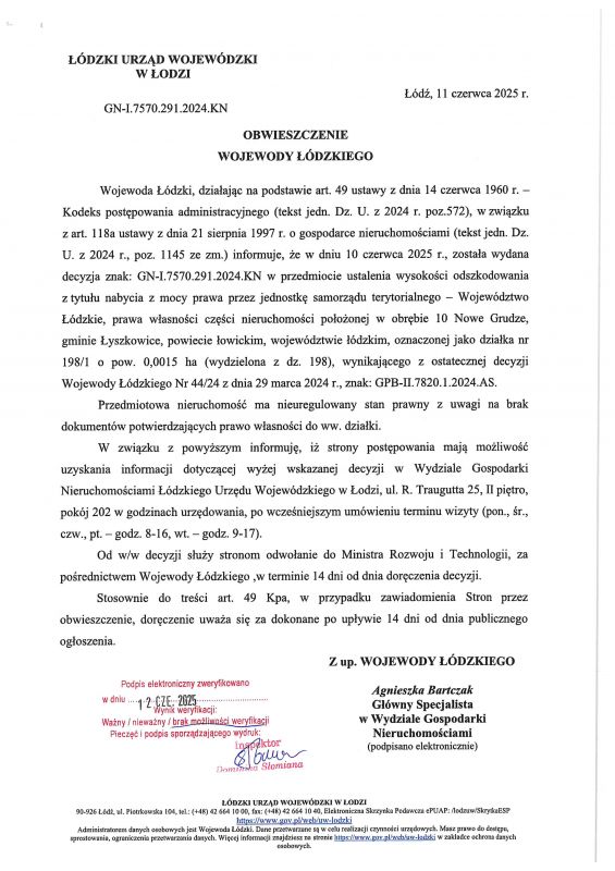 Obwieszczenie Wojewody Łódzkiego