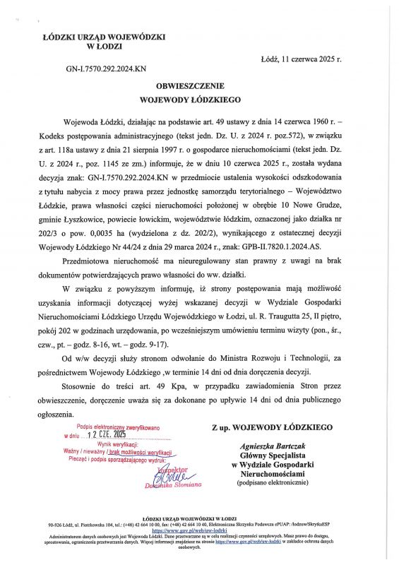 Obwieszczenie Wojewody Łódzkiego