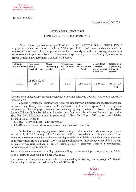 Wykaz nieruchomości przeznaczonych do sprzedaży 12.06.2024