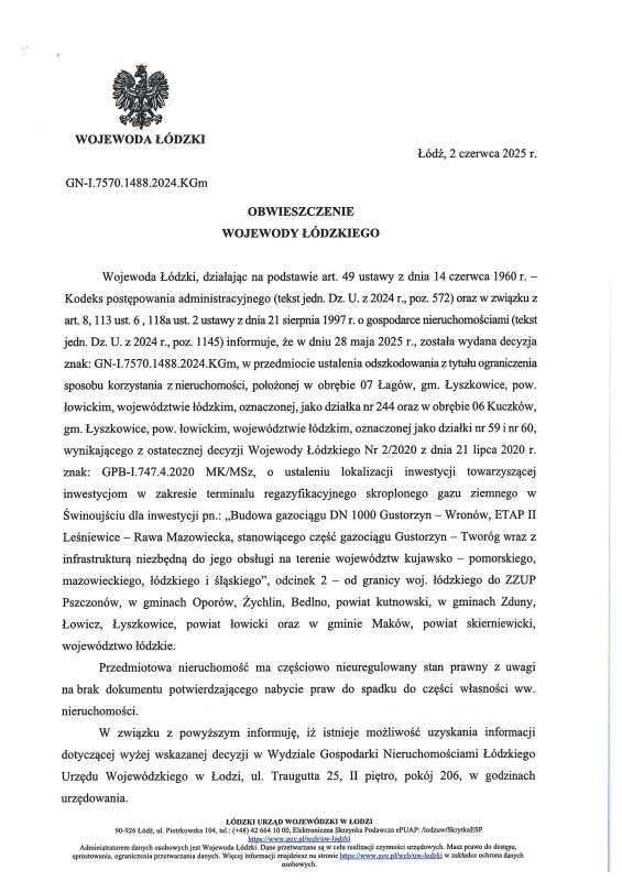 Obwieszczenie Wojewody Łódzkiego 2.06.25