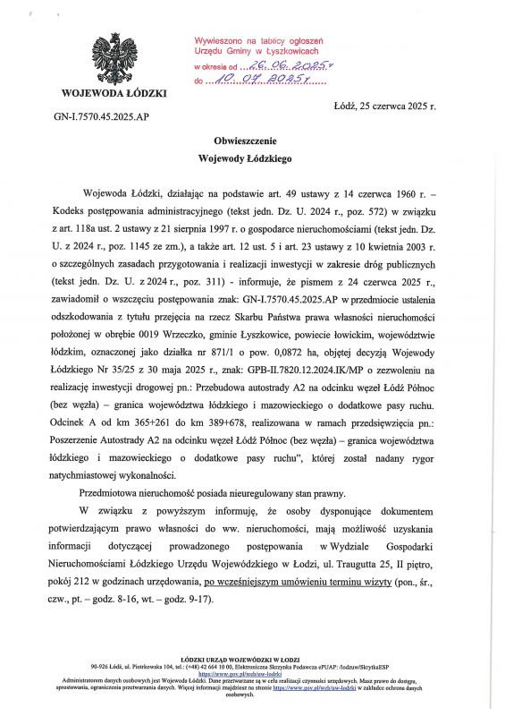 Obwieszczenie Wojewody Łódzkiego