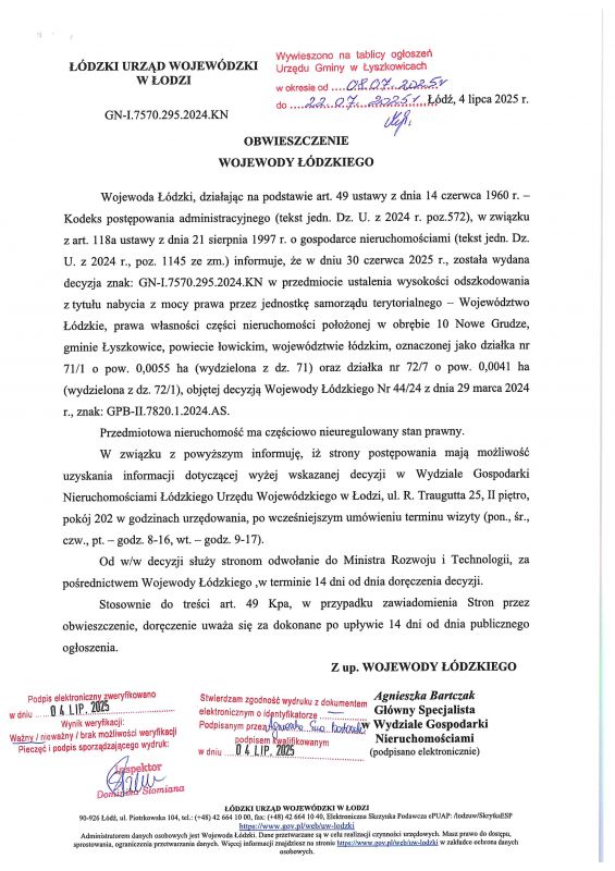 Obwieszczenie Wojewody Łódzkiego 8.07.25