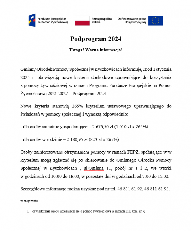 Informacja o Pomocy Żywnościowej w 2025r.