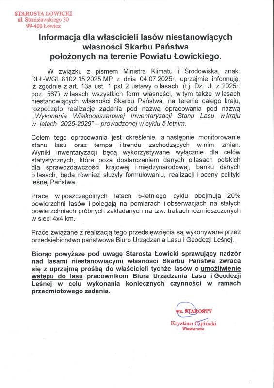 Informacja dla właścicieli lasów niestanowiących własności Skarbu Państwa