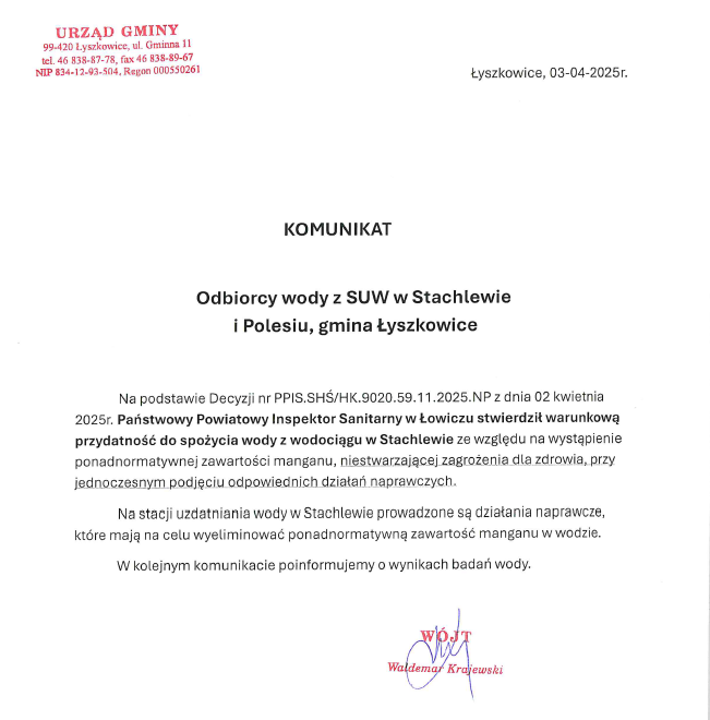 Obwieszczenie Wójta Gminy Łyszkowice