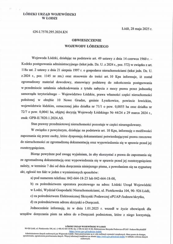 OBWIESZCZENIE WOJEWODY ŁÓDZKIEGO