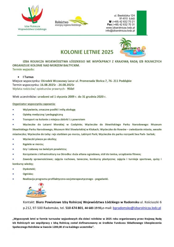 Kolonie organizowaneprzez Izbę Rolniczą Województwa Łódzkiego we współpracy z Krajową Radą Izb Rolniczych
