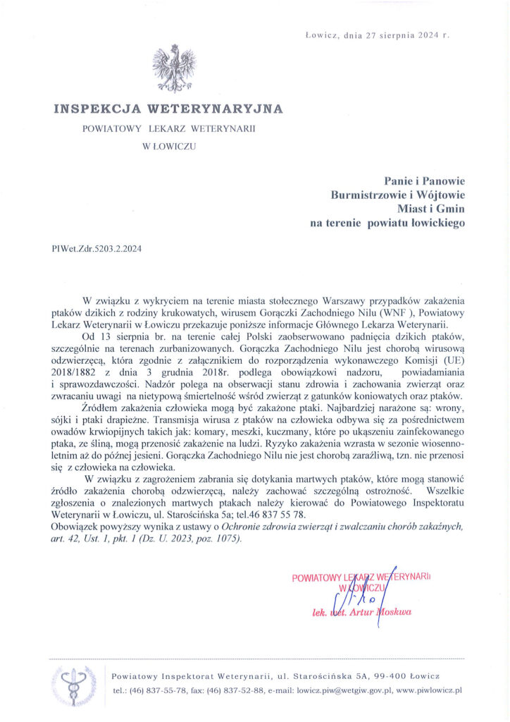 Pismo dot. przypadków zakażenia ptaków dzikich wirusem Gorączki Zachodniego Nilu