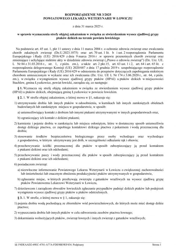 Rozporządzenie 3/2025 w sprawie wyznaczenia strefy objętej zakażeniem w związku ze stwierdzeniem wysoce zjadliwej grypy ptaków
