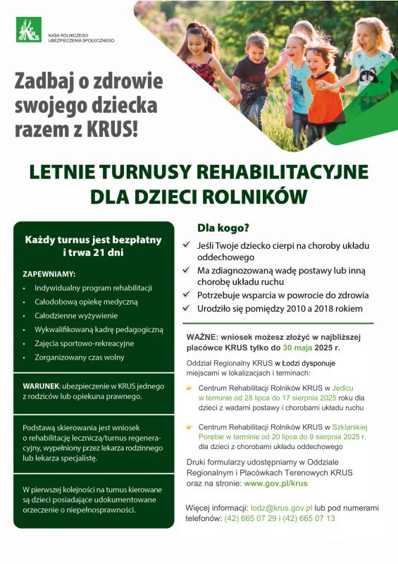 Informacje o bezpłatnych turnusach rehabilitacyjnych KRUS dla dzieci