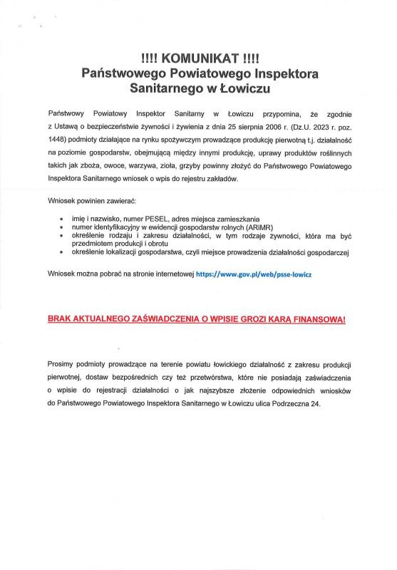 Komunikat Państwowego Powiatowego Inspektora Sanitarnego w Łowiczu w sprawie konieczności wpisu do rejestru zakładów