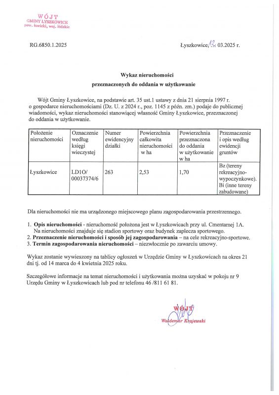 Wykaz nieruchomości do oddania w użytkowanie