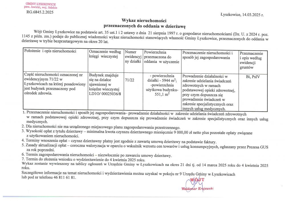 Wykaz nieruchomości przeznaczonych do oddania w dzierżawę