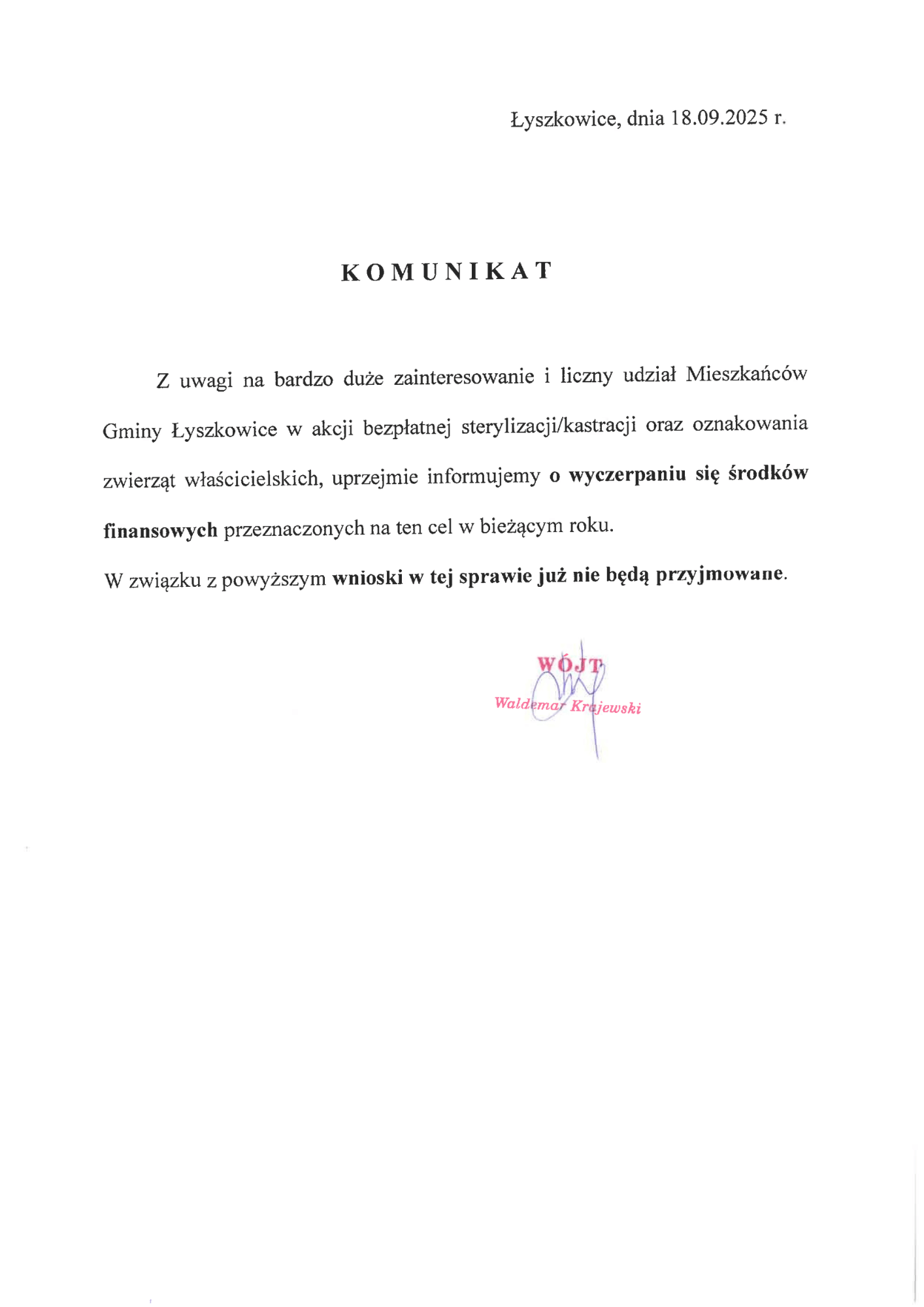 Komunikat w związku z bezpłatną sterylizacją zwierząt właścicielskich
