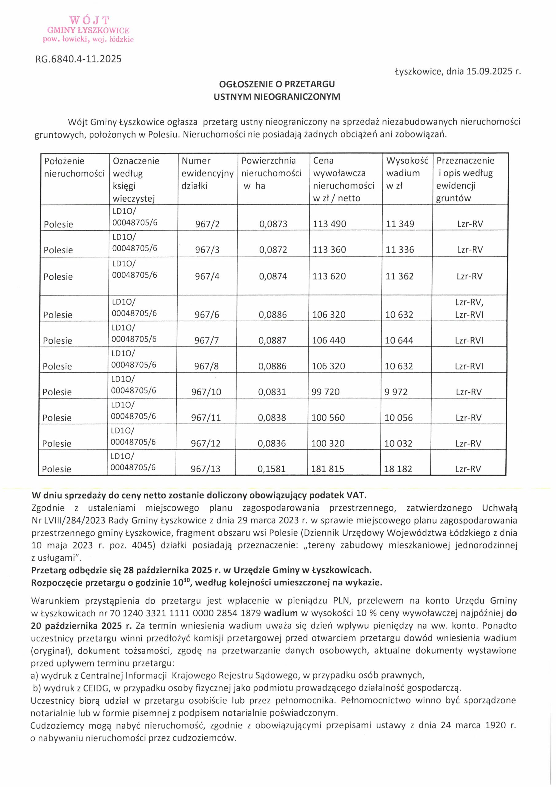 Ogłoszenie o przetargu ustnym nieograniczonym