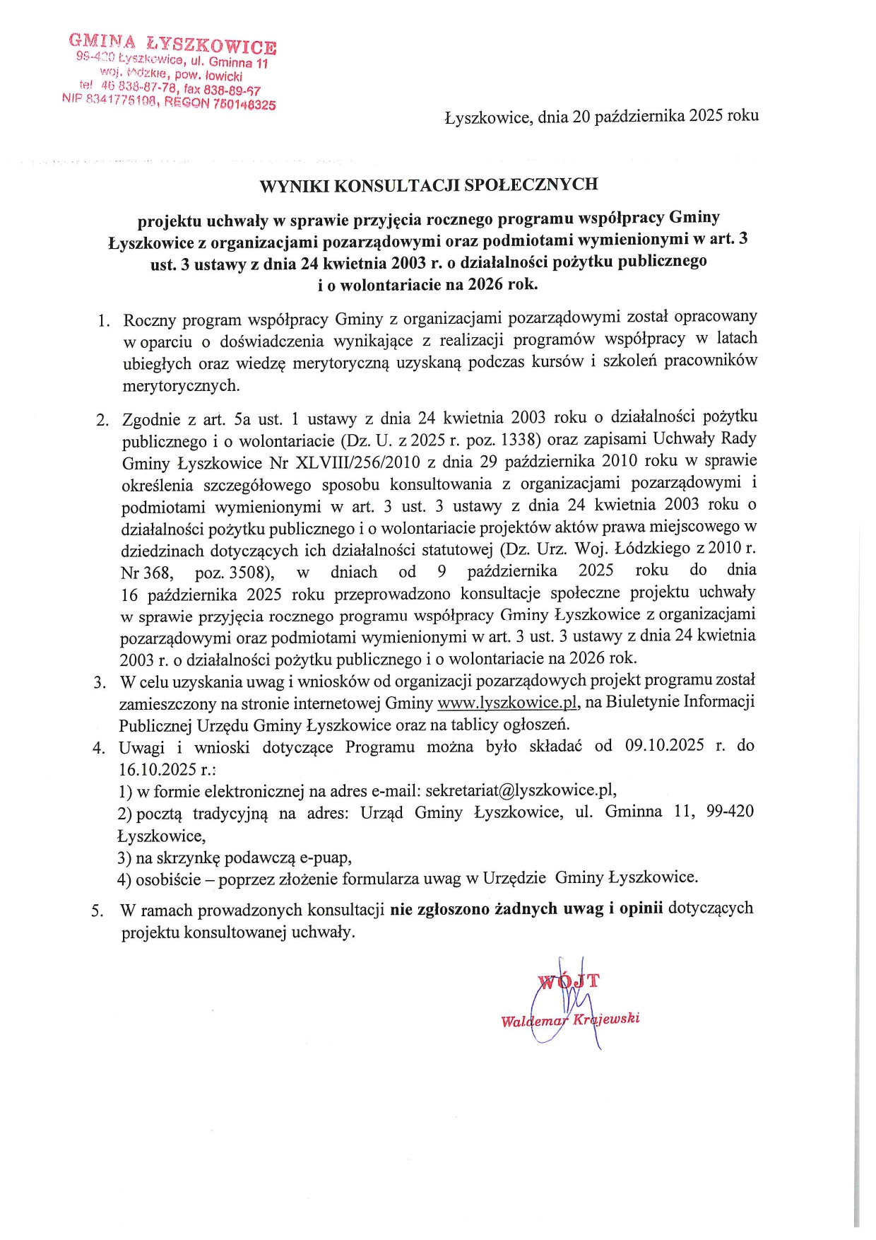 WYNIKI KONSULTACJI SPOŁECZNYCH