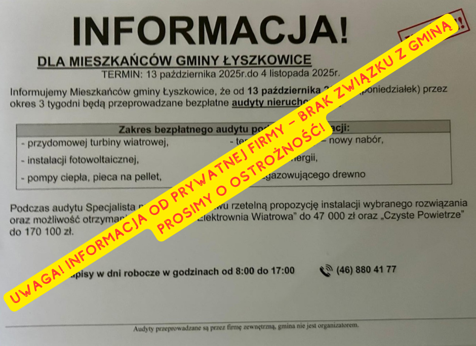 WAŻNA INFORMACJA DLA MIESZKAŃCÓW GMINY ŁYSZKOWICE