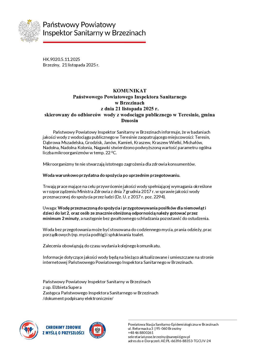 KOMUNIKAT DLA MIESZKAŃCÓW TRZCIANKI