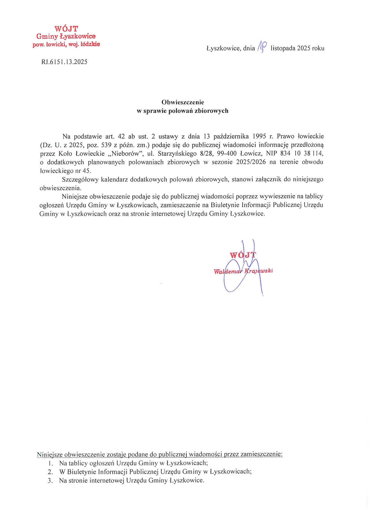 OBWIESZCZENIE W SPRAWIE POLOWAŃ ZBIOROWYCH