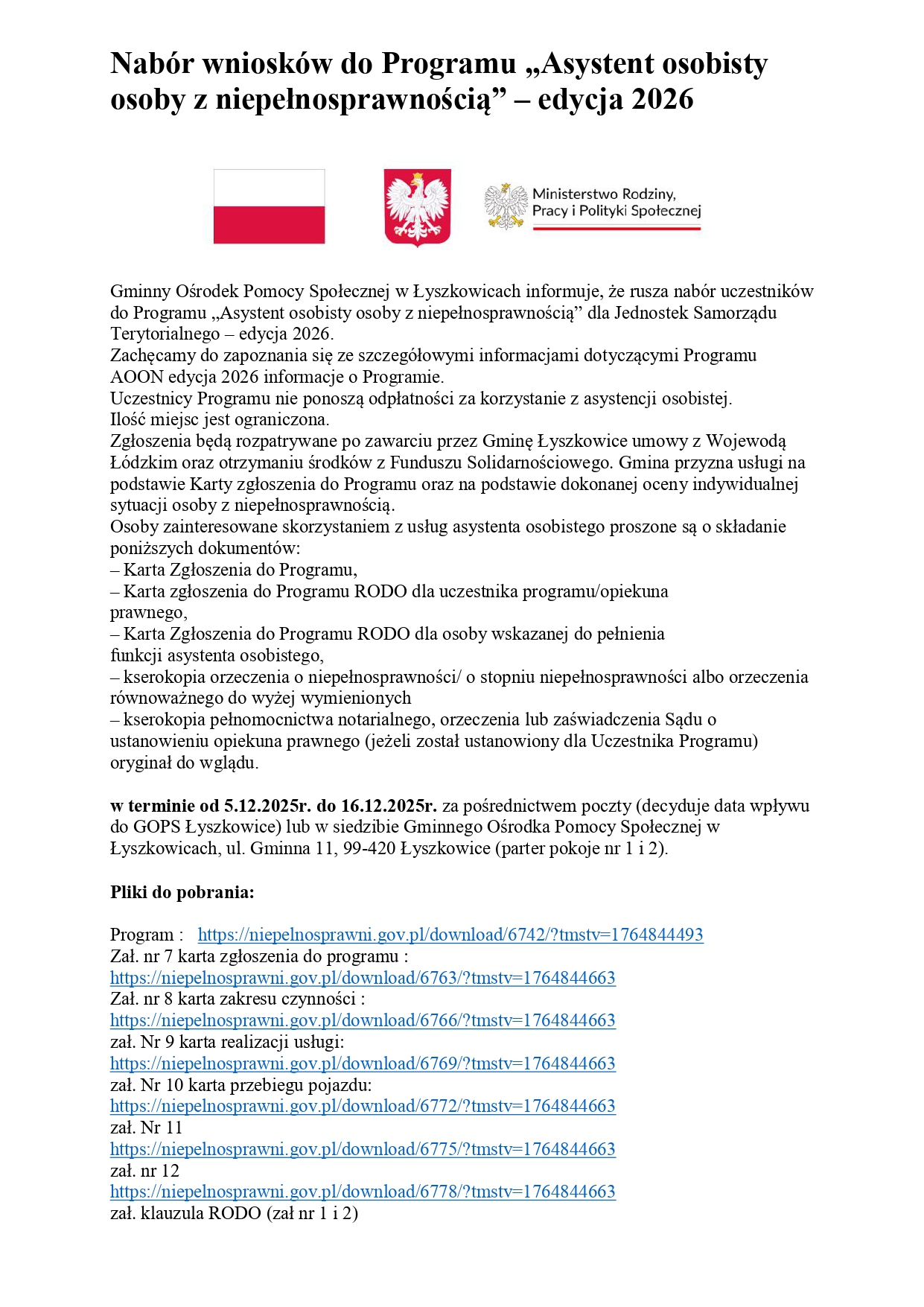 NABÓR WNIOSKÓW DO PROGRAMU „ASYSTENT OSOBISTY OSOBY Z NIEPEŁNOSPRAWNOŚCIĄ” – EDYCJA 2026