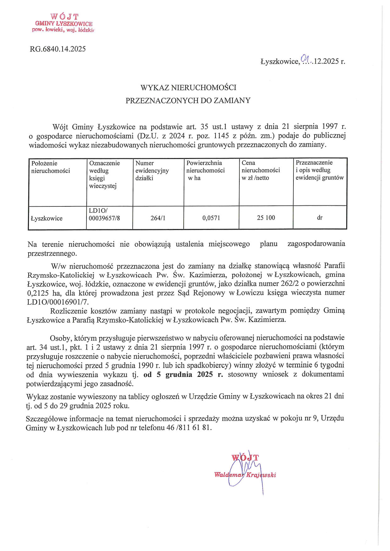 WYKAZ NIERUCHOMOŚCI PRZEZNACZONYCH DO ZAMIANY