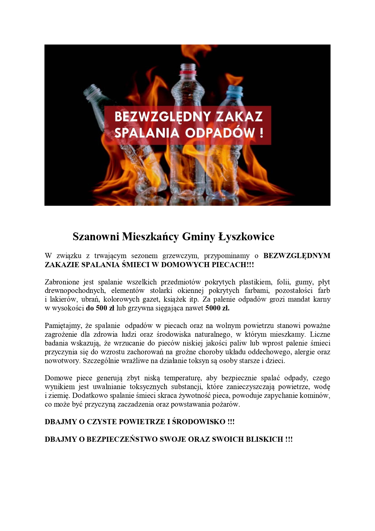 INFORMACJA DLA MIESZKAŃCÓW GMINY ŁYSZKOWICE !