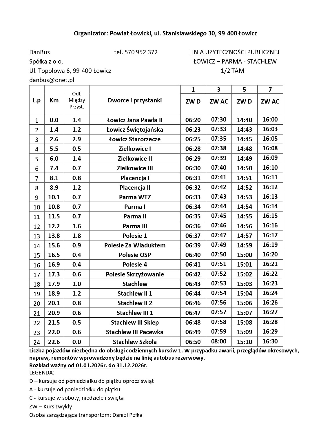 ROZKŁAD JAZDY TRANSPORTU ZBIOROWEGO NA TERENIE GMINY ŁYSZKOWICE!