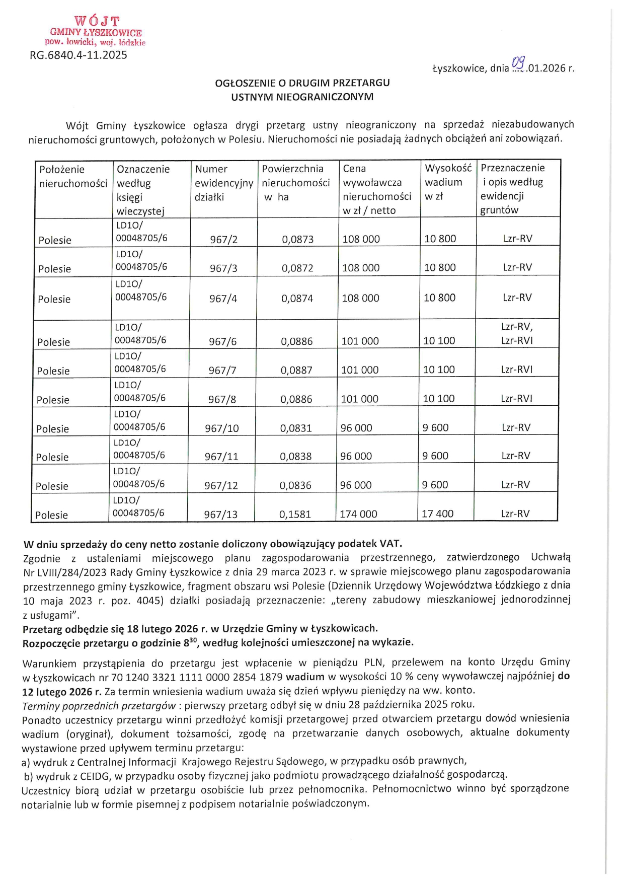 OGŁOSZENIE O DRUGIM PRZETARGU USTNYM NIEOGRANICZONYM