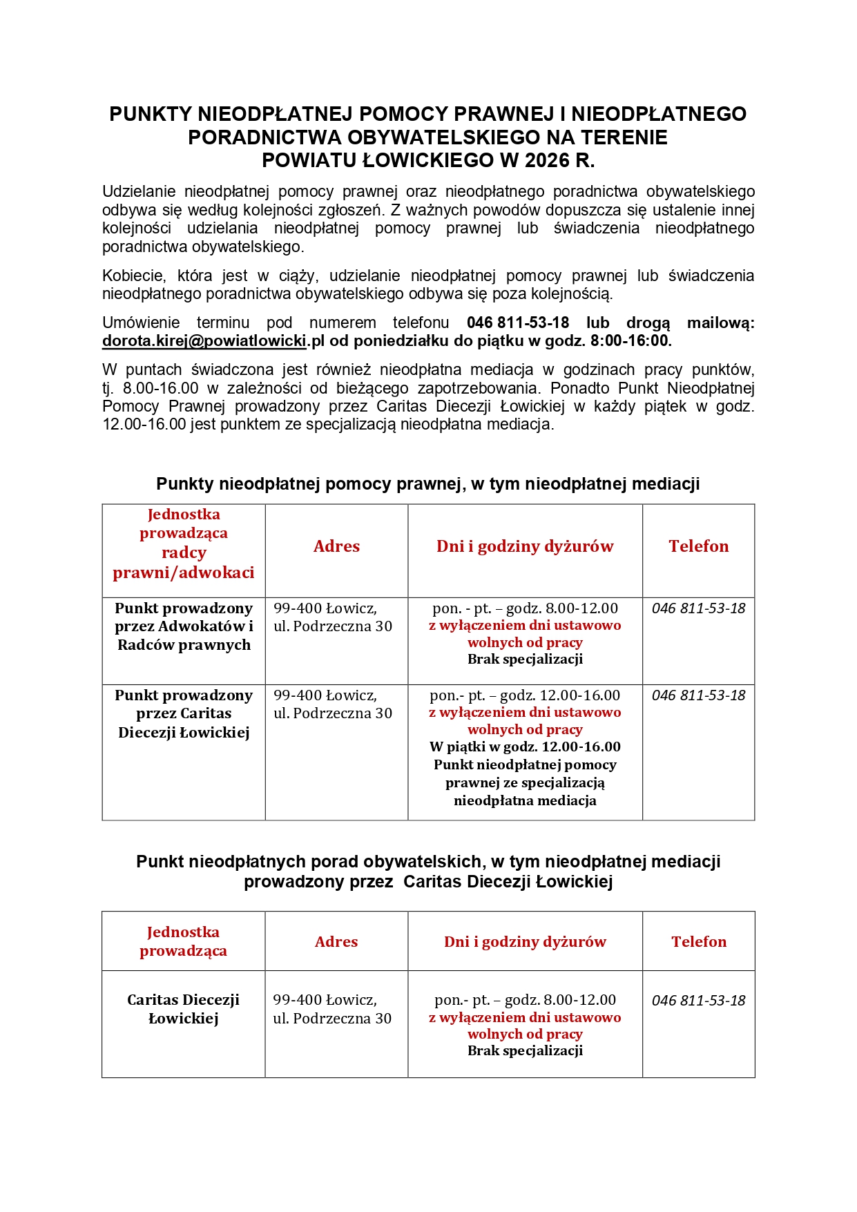 NIEODPŁATNA POMOC PRAWNA ORAZ ŚWIADCZENIE NIEODPŁATNEJ POMOCY PRAWNEJ I NIEODPŁATNEGO PORADNICTWA OBYWATELSKIEGO NA TERENIE POWIATU ŁOWICKIEGO W 2026 ROKU