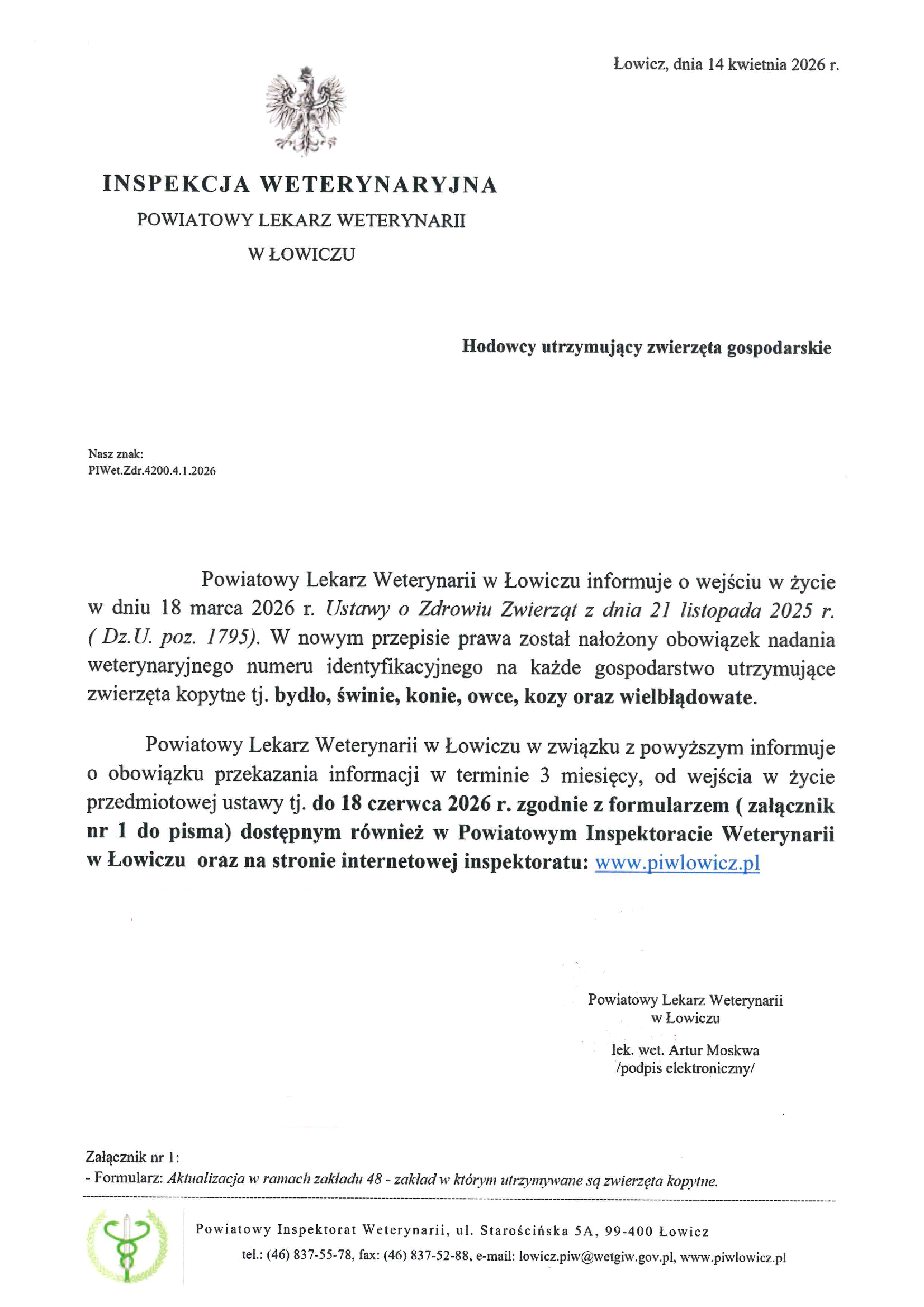 INFORMACJA OD POWIATOWEGO LEKARZA WETERYNARII W ŁOWICZU!