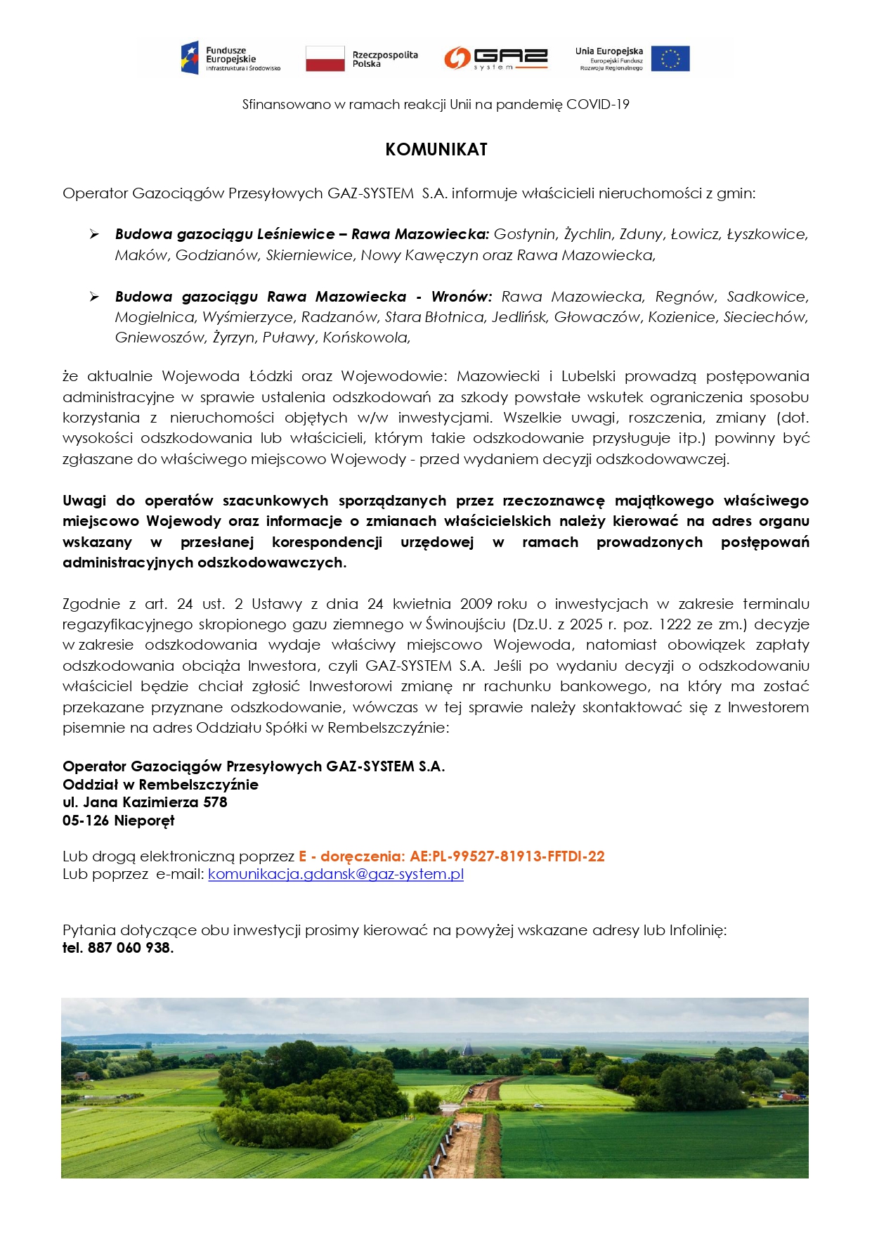 KOMUNIKAT OPERATORA GAZIOCIĄGÓW PRZEMYSŁOWYCH GAZ-SYSTEM S.A.