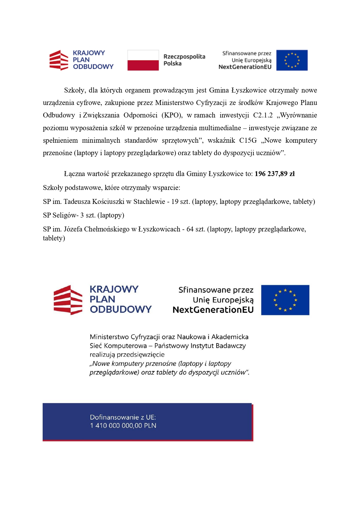NOWOCZESNY SPRZĘT CYFROWY DLA SZKÓŁ W GMINIE ŁYSZKOWICE DZIĘKI WSPARCIU KPO