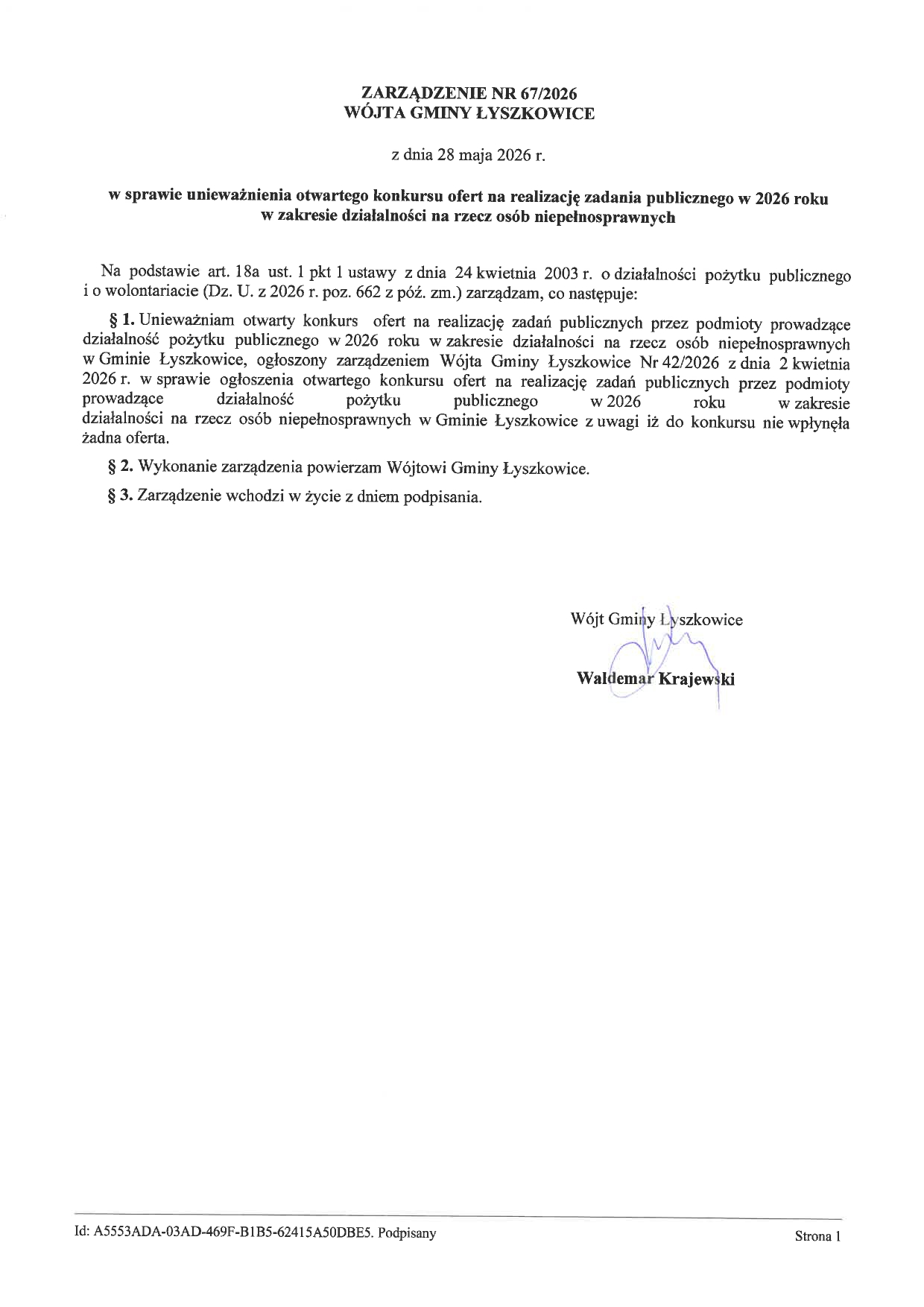 ZARZĄDZENIE W SPRAWIE unieważnienia otwartego konkursu ofert na realizację zadania publicznego w 2026 r. w zakresie działalności na rzecz osób niepełnosprawnych.