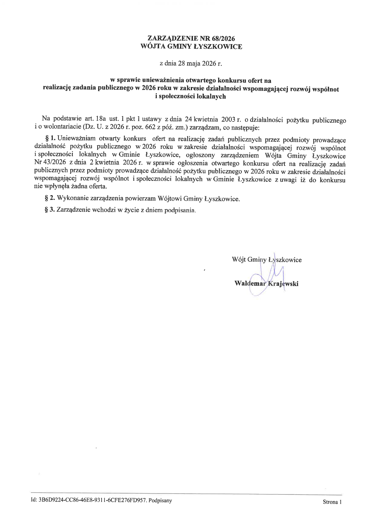 ZARZĄDZENIE W SPRAWIE UNIEWAŻNIENIA OTWARTYEGO KONKURSU OFERT NA REALIZACJĘ ZADANIA PUBLICZNEGO W 2026 R. W ZAKRESIE DZIAŁALNOŚCI WSPOMAGAJĄCEJ ROZWÓJ WSPÓLNOT I SPOŁECZNOŚCI LOKALNYCH