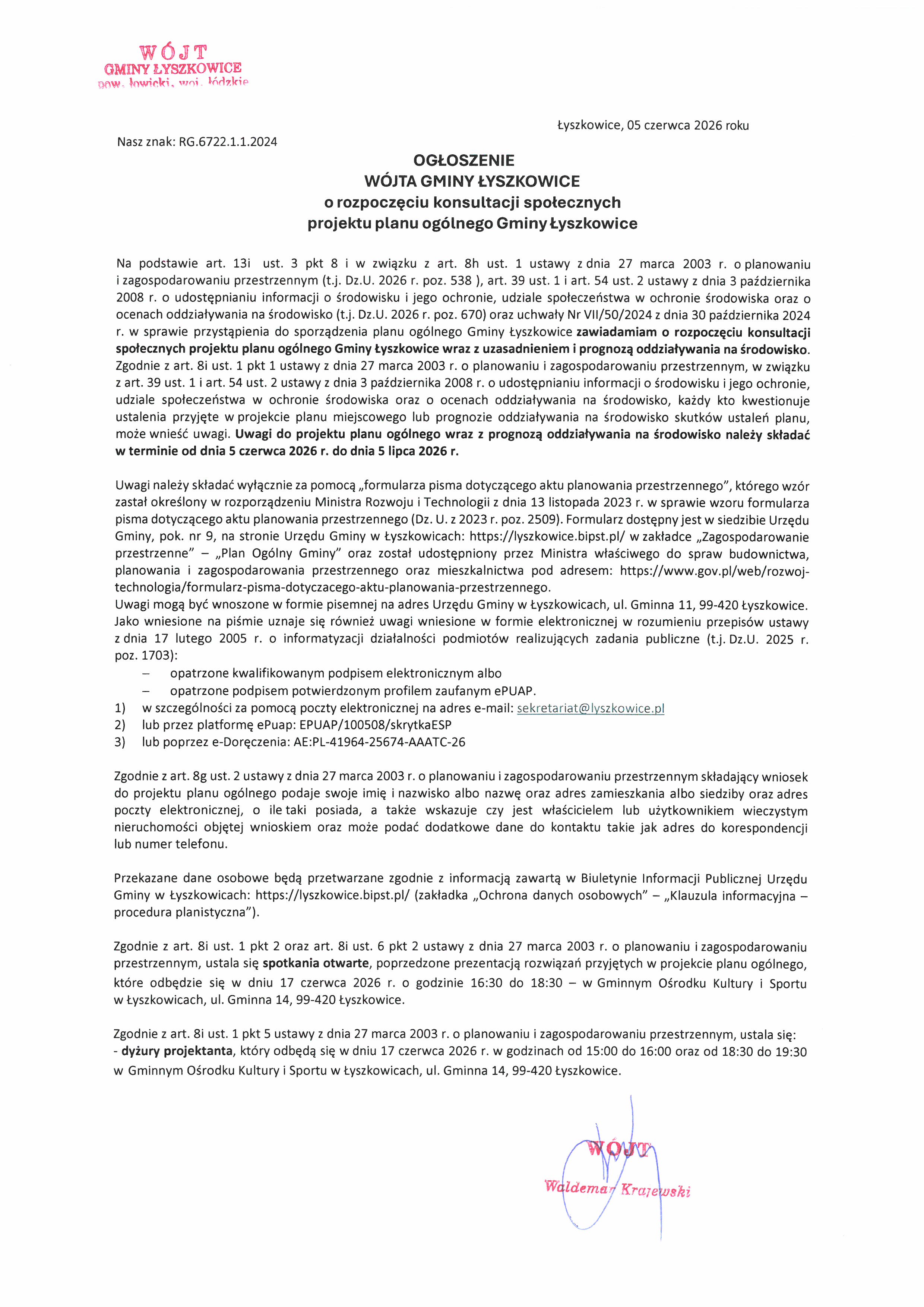 KONSULTACJE SPOŁECZNE PROJEKTU PLANU OGÓLNEGO GMINY ŁYSZKOWICE 