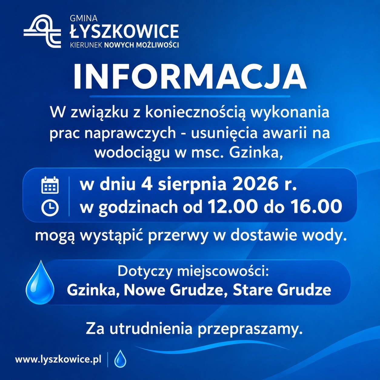 PRZERWY W DOSTAWIE WODY W DN. 04.08.2026 R. DOT. MSC. GZINKA, NOWE GRUDZE, STARE GRUDZE