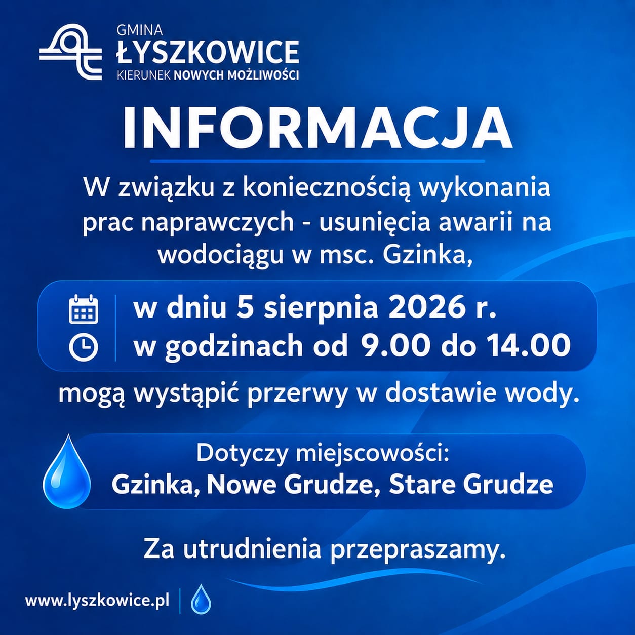 POWAŻNA AWARIA!!! PRZERWY W DOSTAWIE WODY JESZCZE W DN. 05.08.2026 R. DOT. MSC. GZINKA, NOWE GRUDZE, STARE GRUDZE