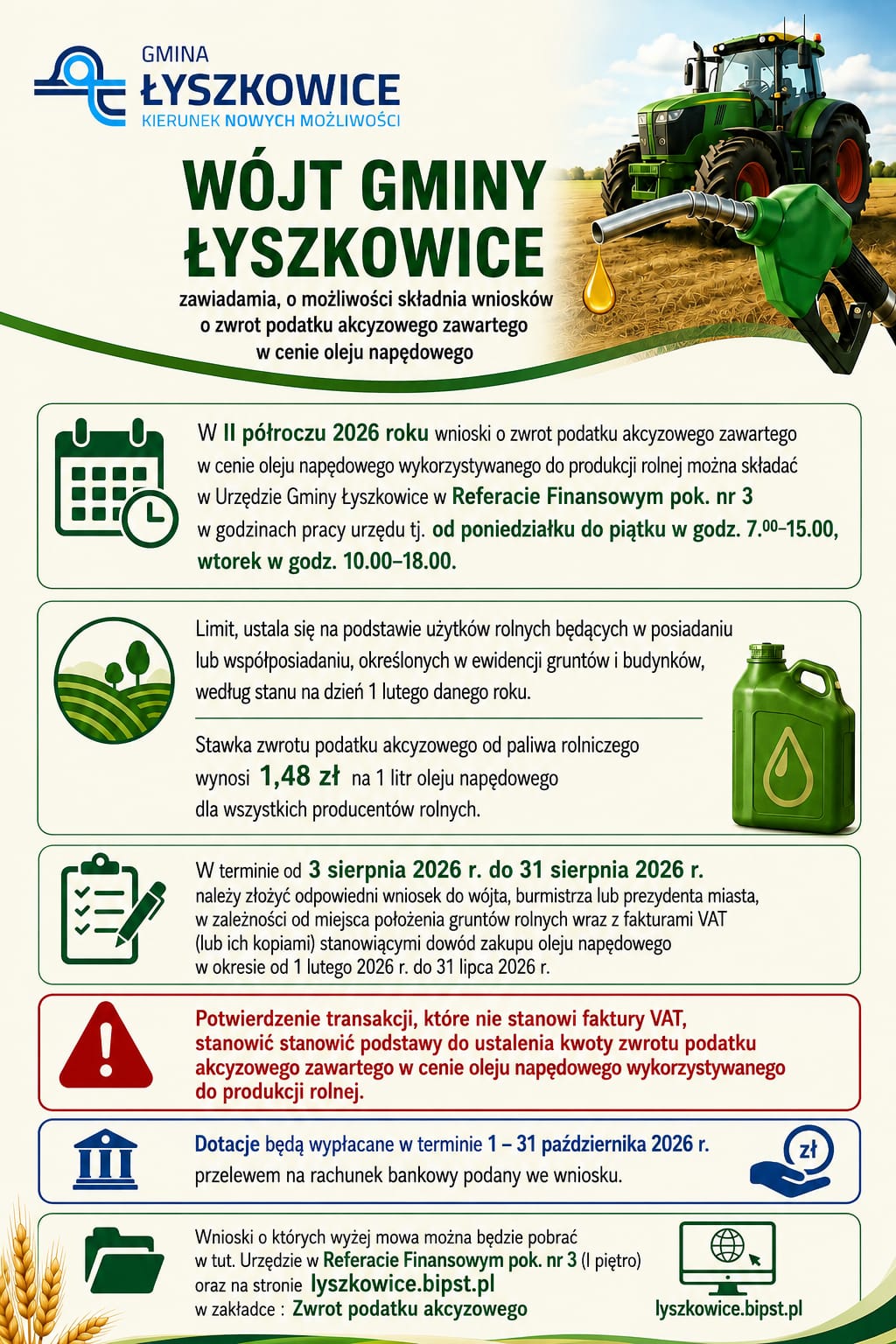 INFORMACJA DOT. SKŁADANIA WNIOSKÓW O ZWROT PODATKU AKCYZOWEGO ZAWARTEGO W CENIE OLEJU NAPĘDOWEGO !!!