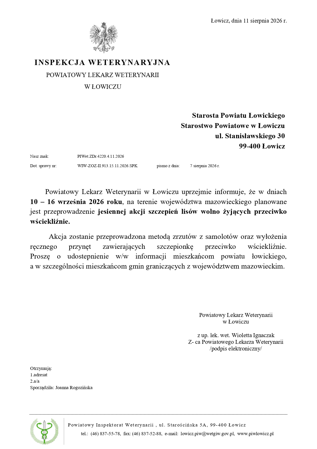 INFORMACJA OD POWIATOWEGO LEKARZA WETERYNARII W ŁOWICZU O PRZEPROWADZENIU JESIENNEJ AKCJI SZCZEPIEŃ LISÓW WOLNO ŻYJĄCYCH PRZECIWKO WŚCIEKLIŹNIE!