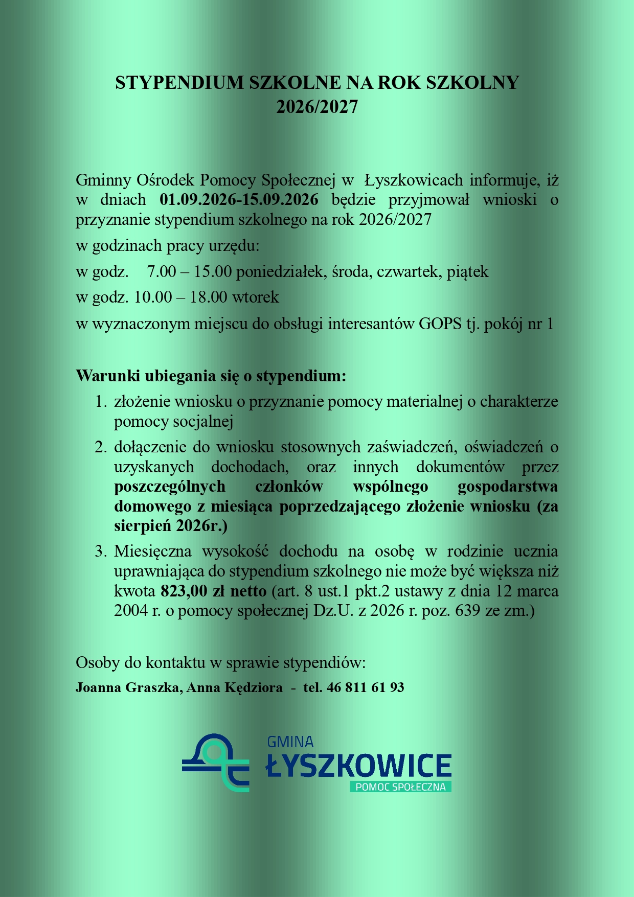 STYPENDIUM SZKOLNE NA ROK SZKOLNY 2026/2027!