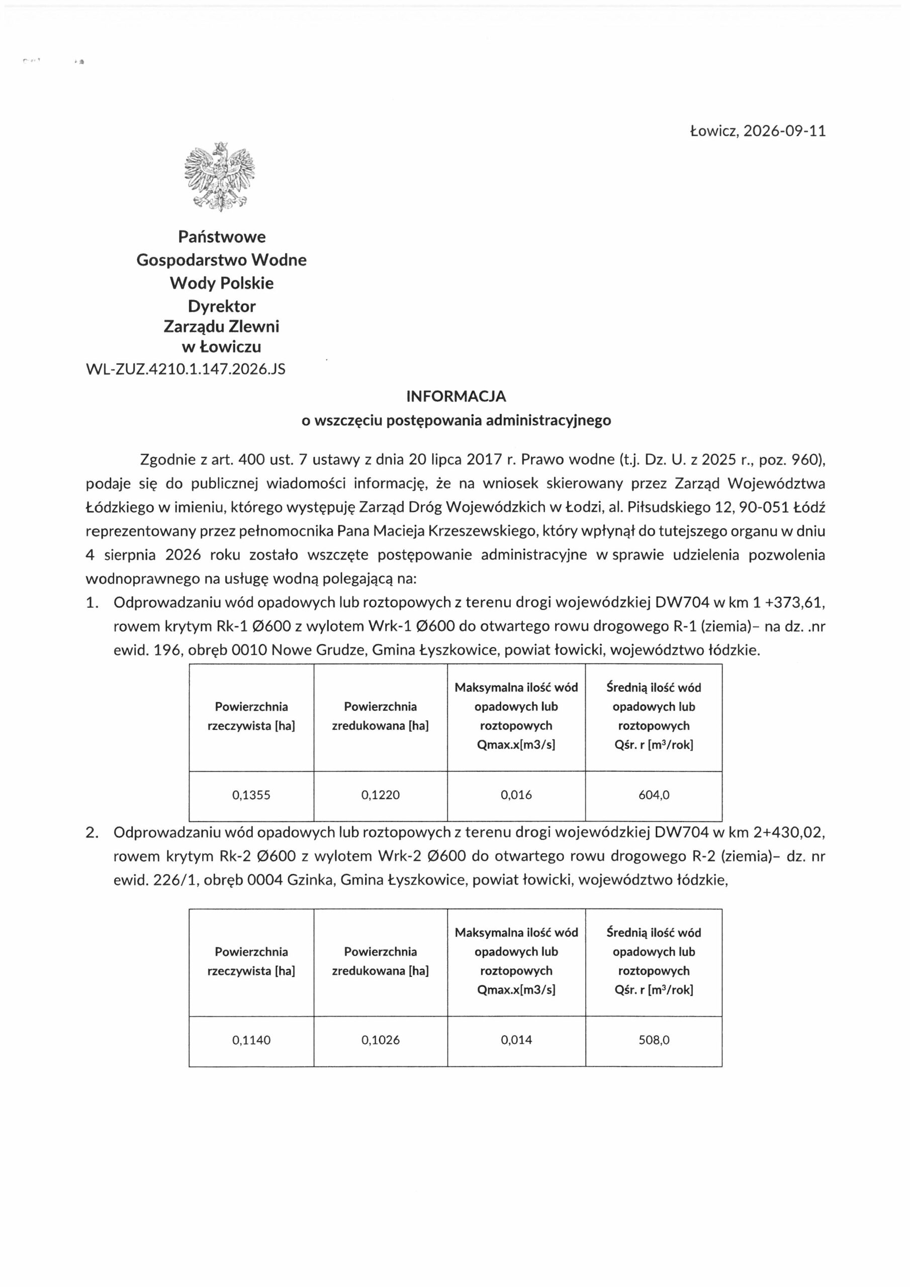 INFORMACJA O WSZCZĘCIU POSTĘPOWANIA ADMINISTRACYJNEGO